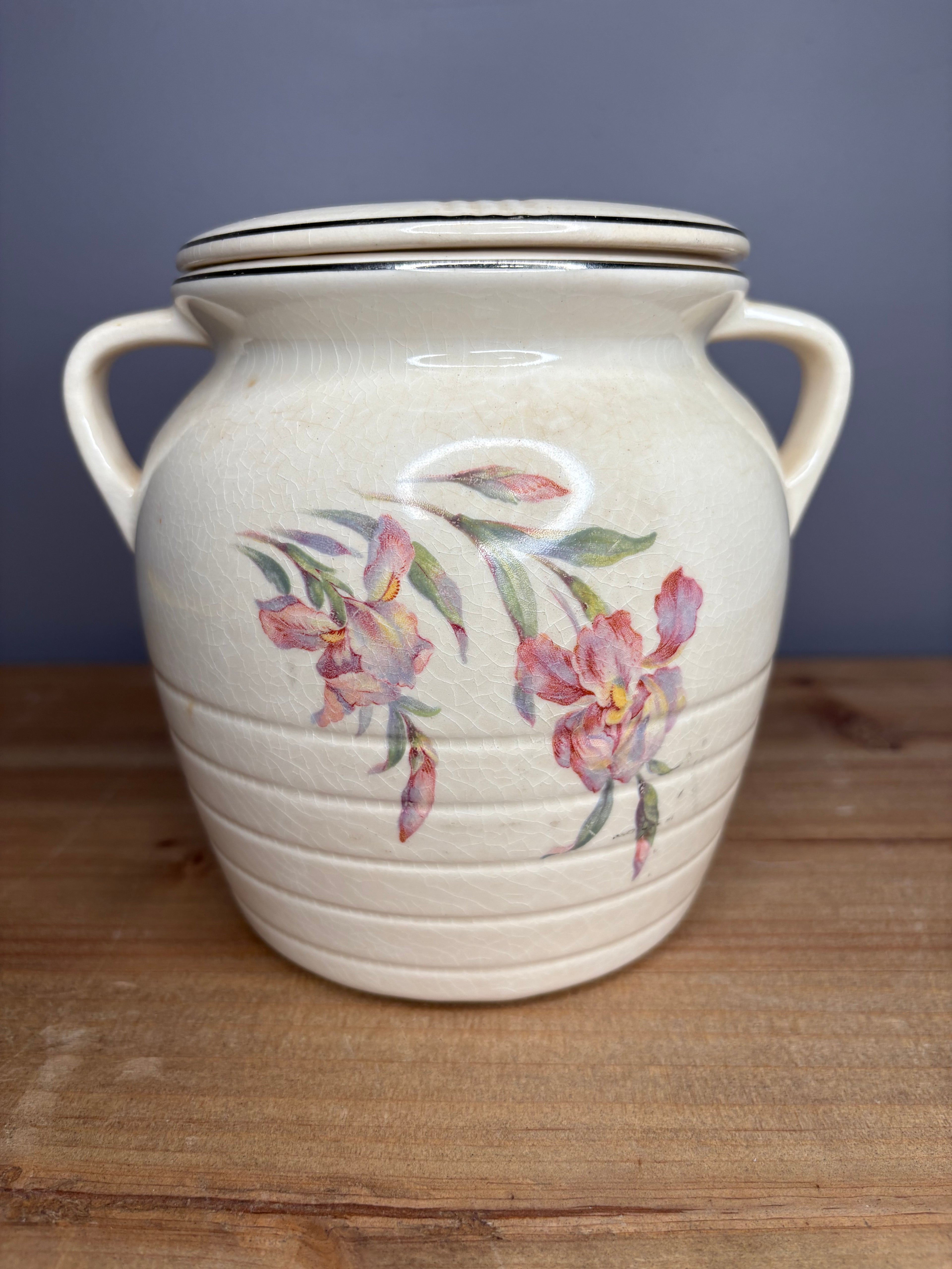 Vintage Stained & Crazed Universal Cambridge Covered Bean Pot Casserole Floral USA