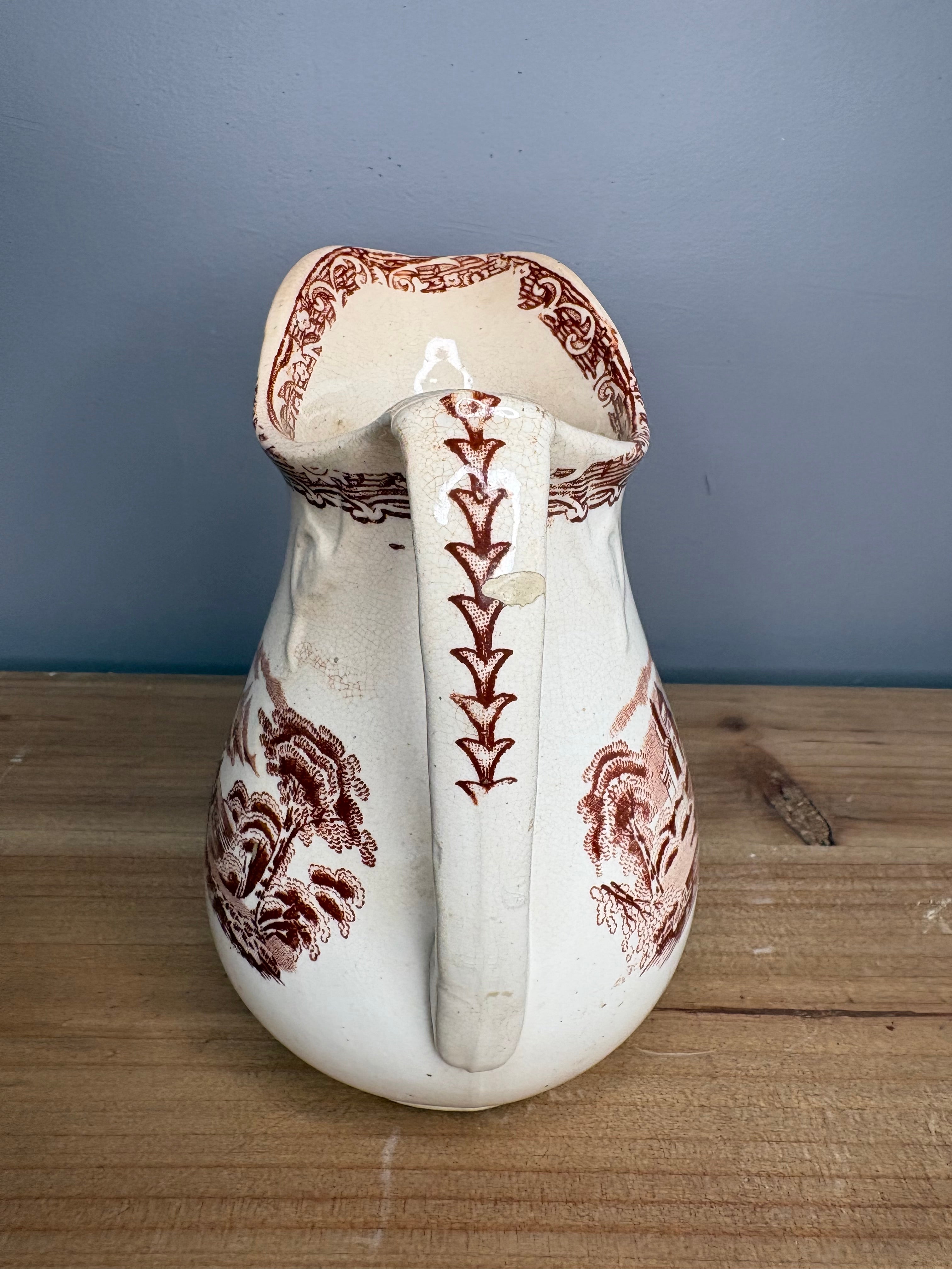 Antique Stained & Crazed Brown Transferware Pitcher – Primitive English Country Decor - See photos