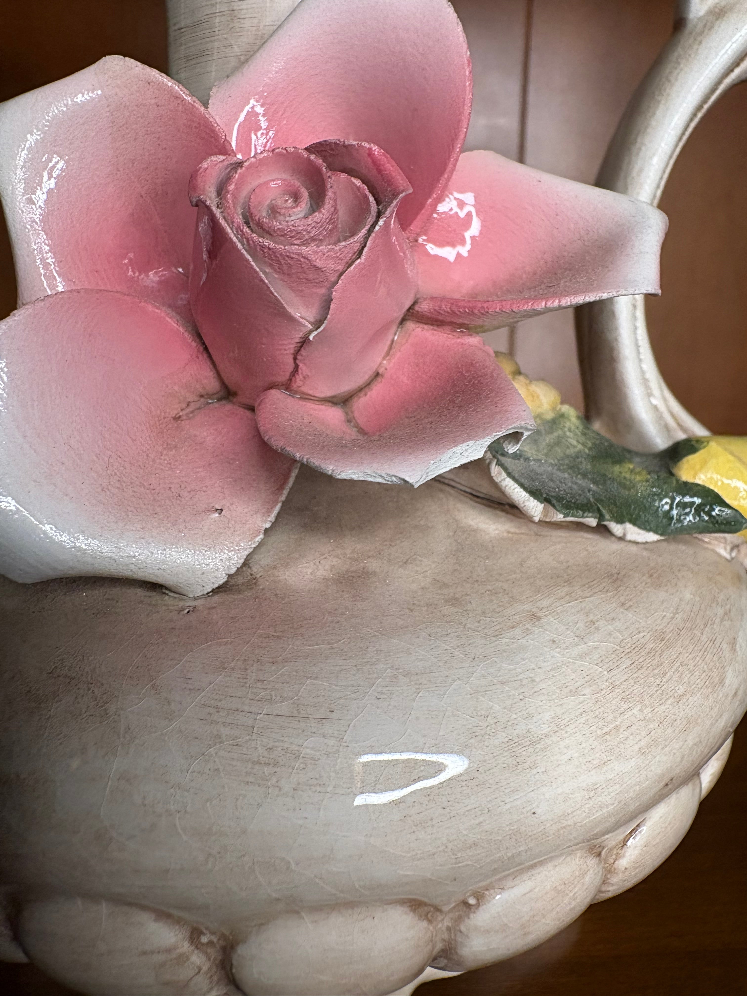 Vintage Italian Capodimonte Ornate Ceramic Pitcher Vase with Applied Roses - See pics