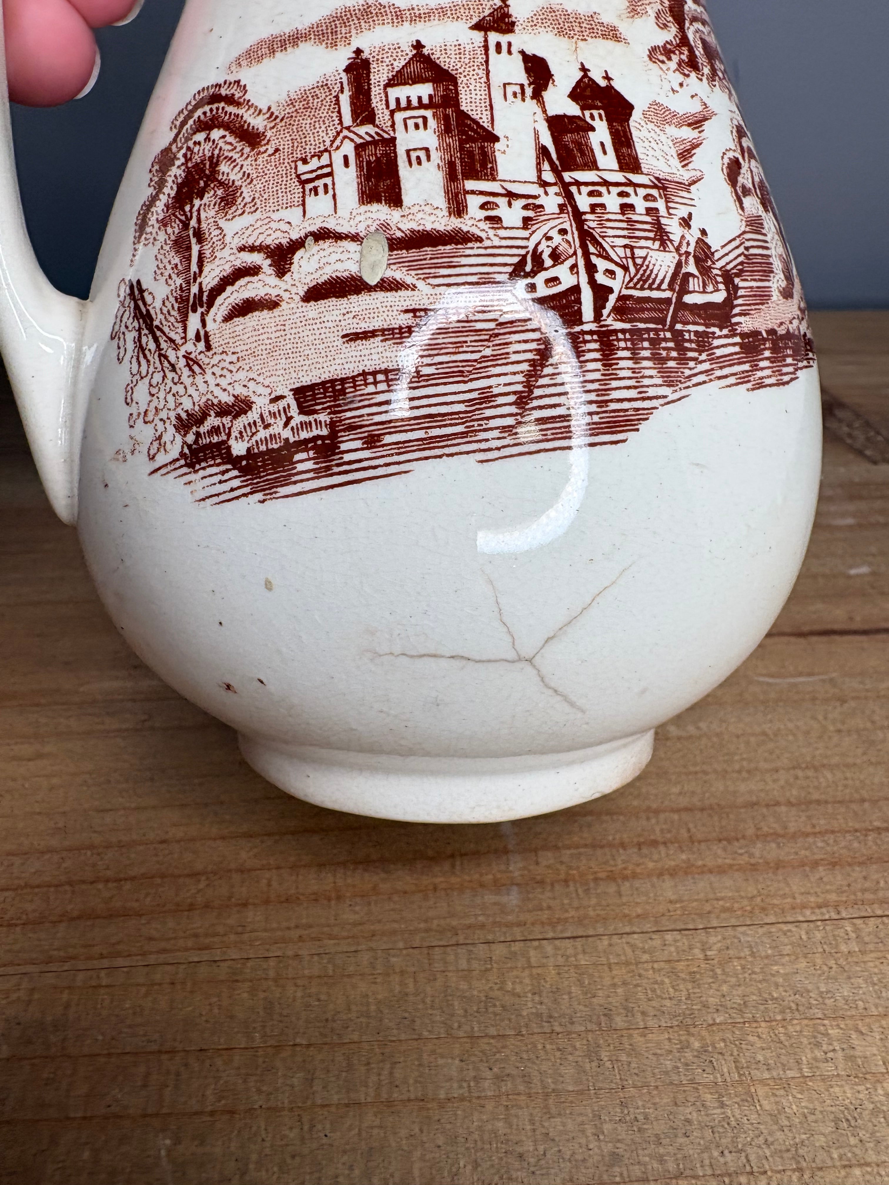Antique Stained & Crazed Brown Transferware Pitcher – Primitive English Country Decor - See photos