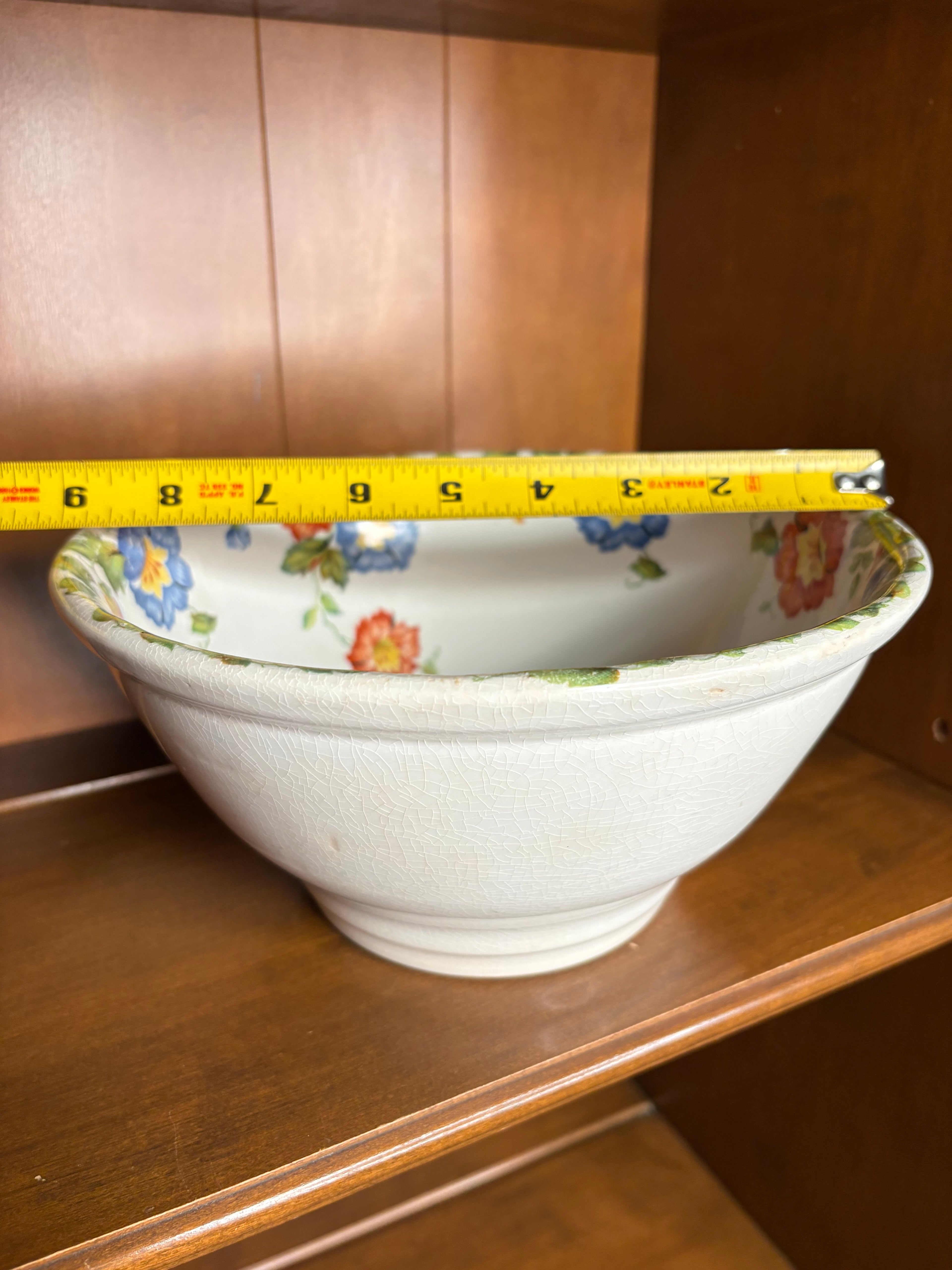 Vintage Crazed Harker Pottery “Sun Glow” White Mixing Bowl with Floral Interior Rim