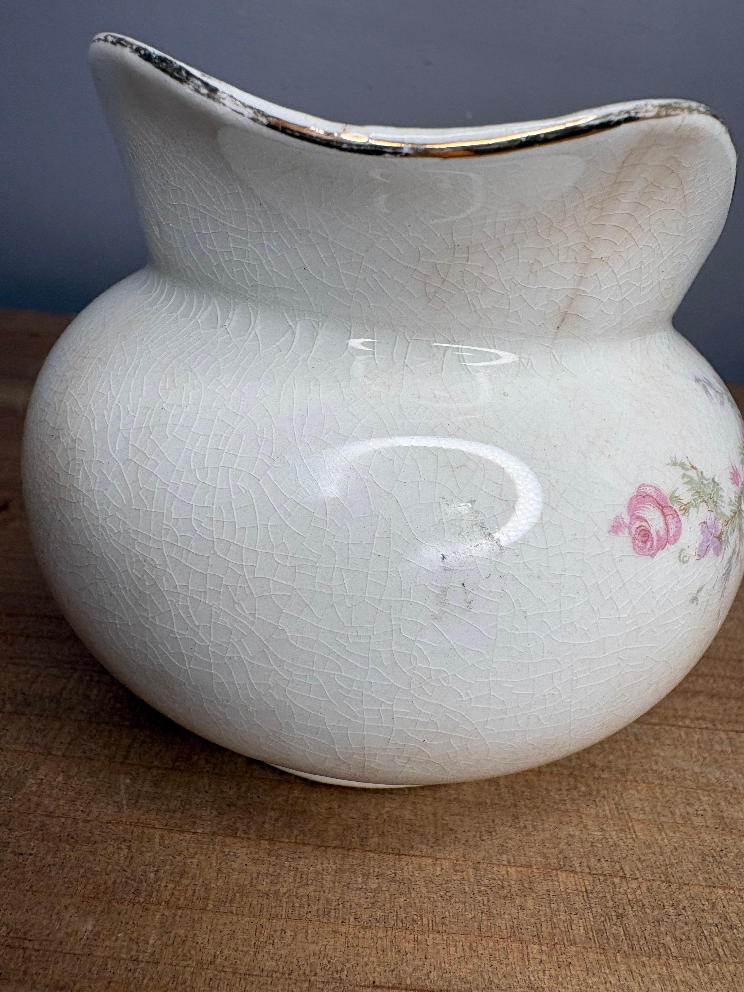 Stained & Crazed Antique Cleveland China USA Floral Creamer – Pink Roses & Gold Trim | Circa 1910-30