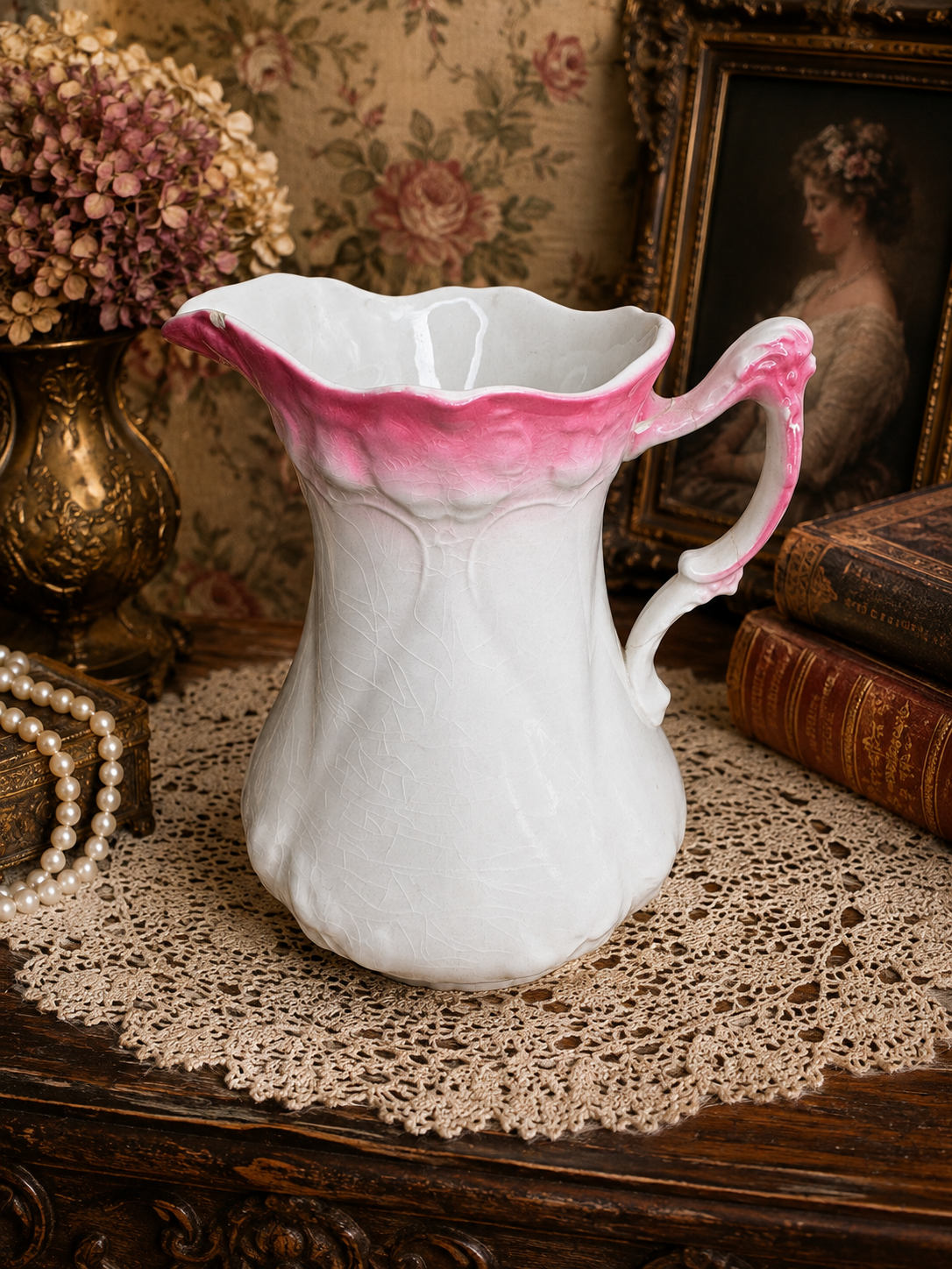 Antique E.P.P. Co. Jefferson Porcelain Pitcher – Pink & White East Palestine Ohio - Please see pics