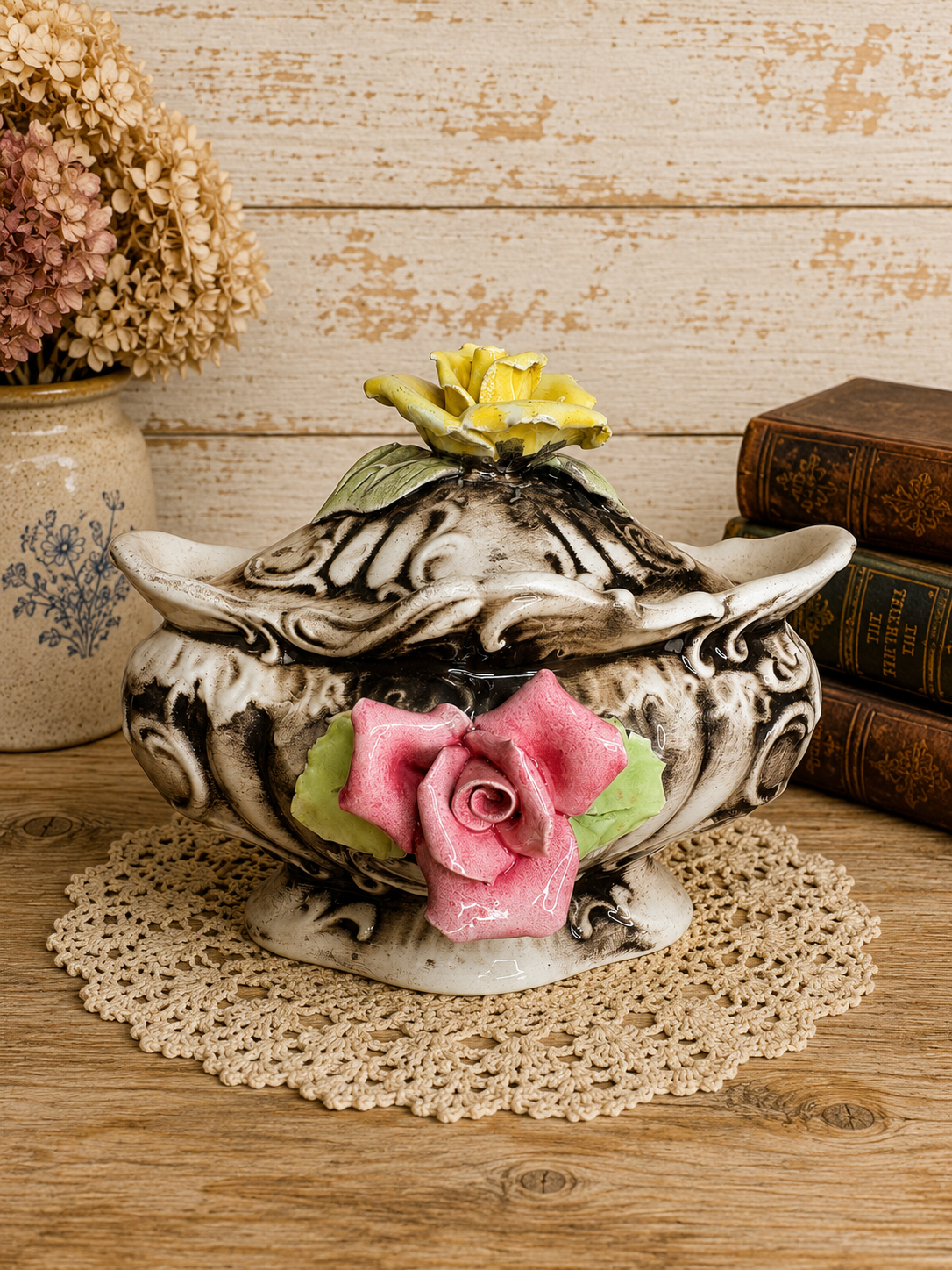 Vintage Italian Capodimonte Style Porcelain Covered Trinket with Applied Roses