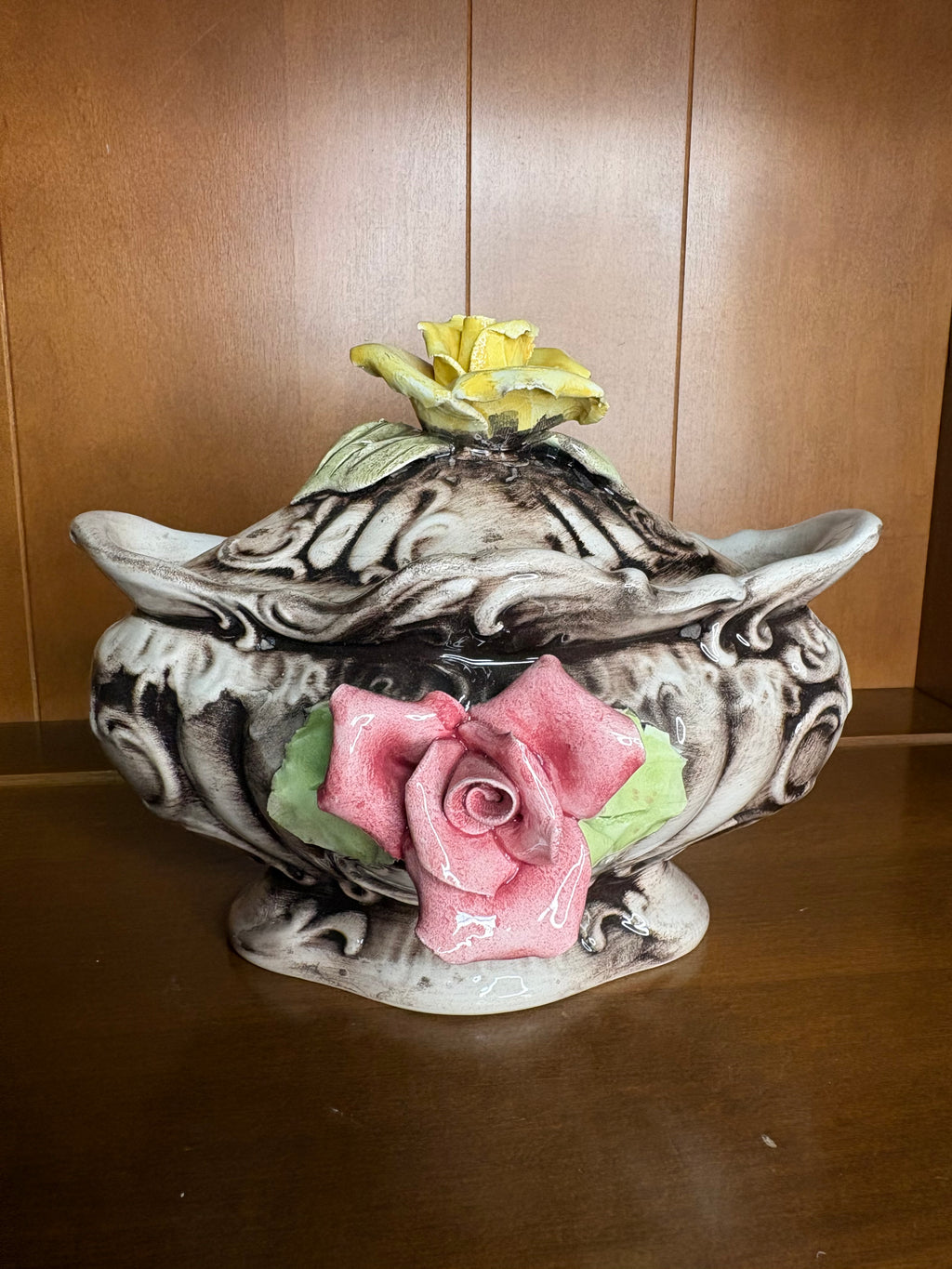 Vintage Italian Capodimonte Style Porcelain Covered Trinket with Applied Roses