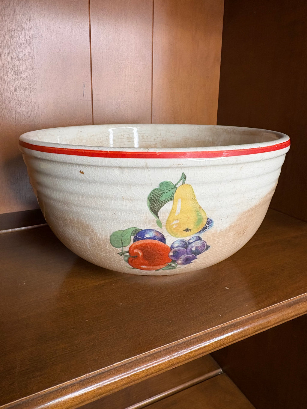 Vintage Stained & Crazed Cronin Pottery Bake Oven Mixing Bowl Fruit Red Stripe 1940s Farmhouse
