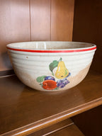 Vintage Stained & Crazed Cronin Pottery Bake Oven Mixing Bowl Fruit Red Stripe 1940s Farmhouse