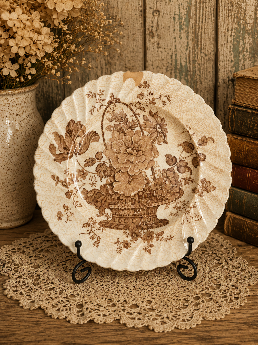 Vintage Clarice Cliff Charlotte Royal Staffordshire Brown Transferware Floral Plate England w/ Chip