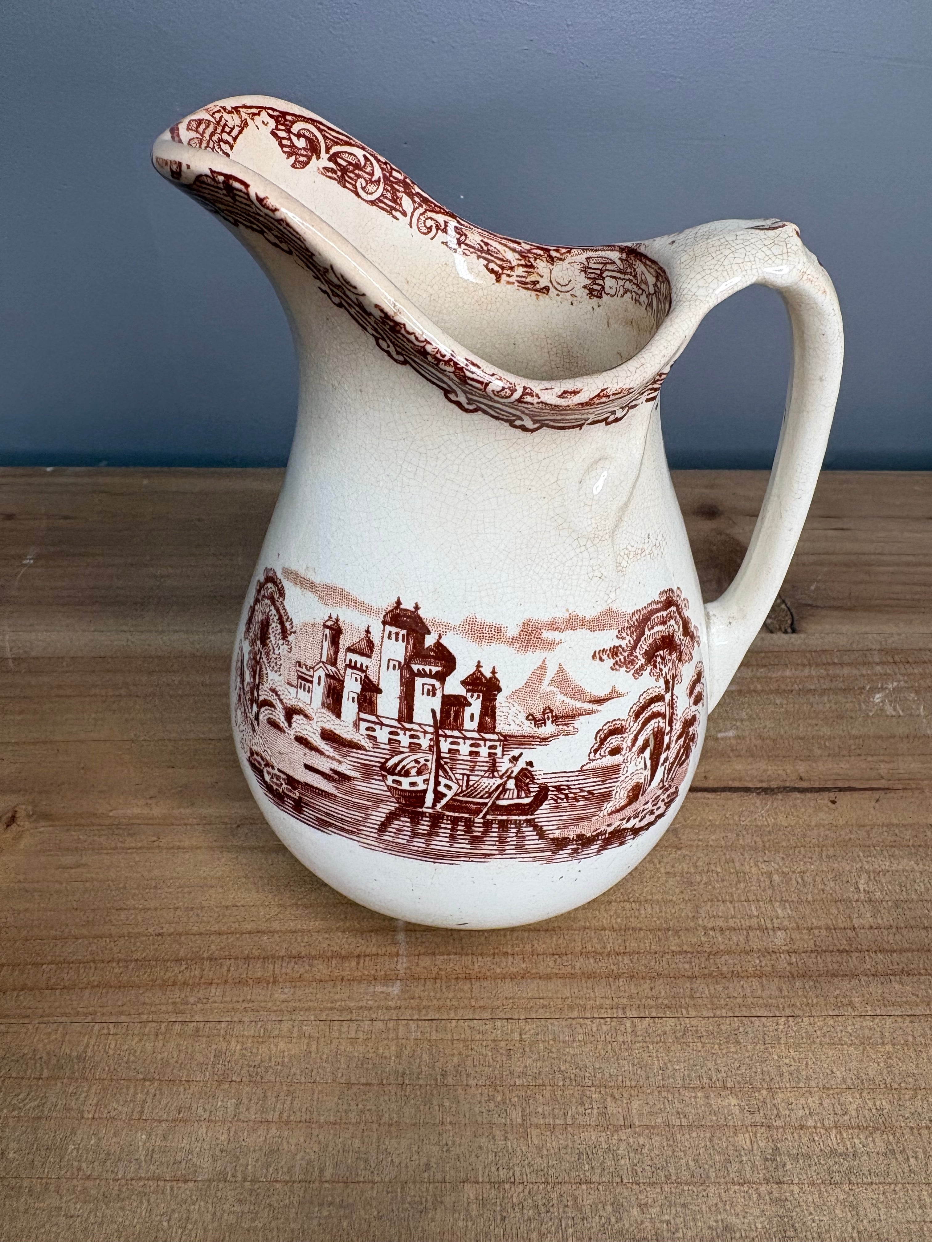 Antique Stained & Crazed Brown Transferware Pitcher – Primitive English Country Decor - See photos