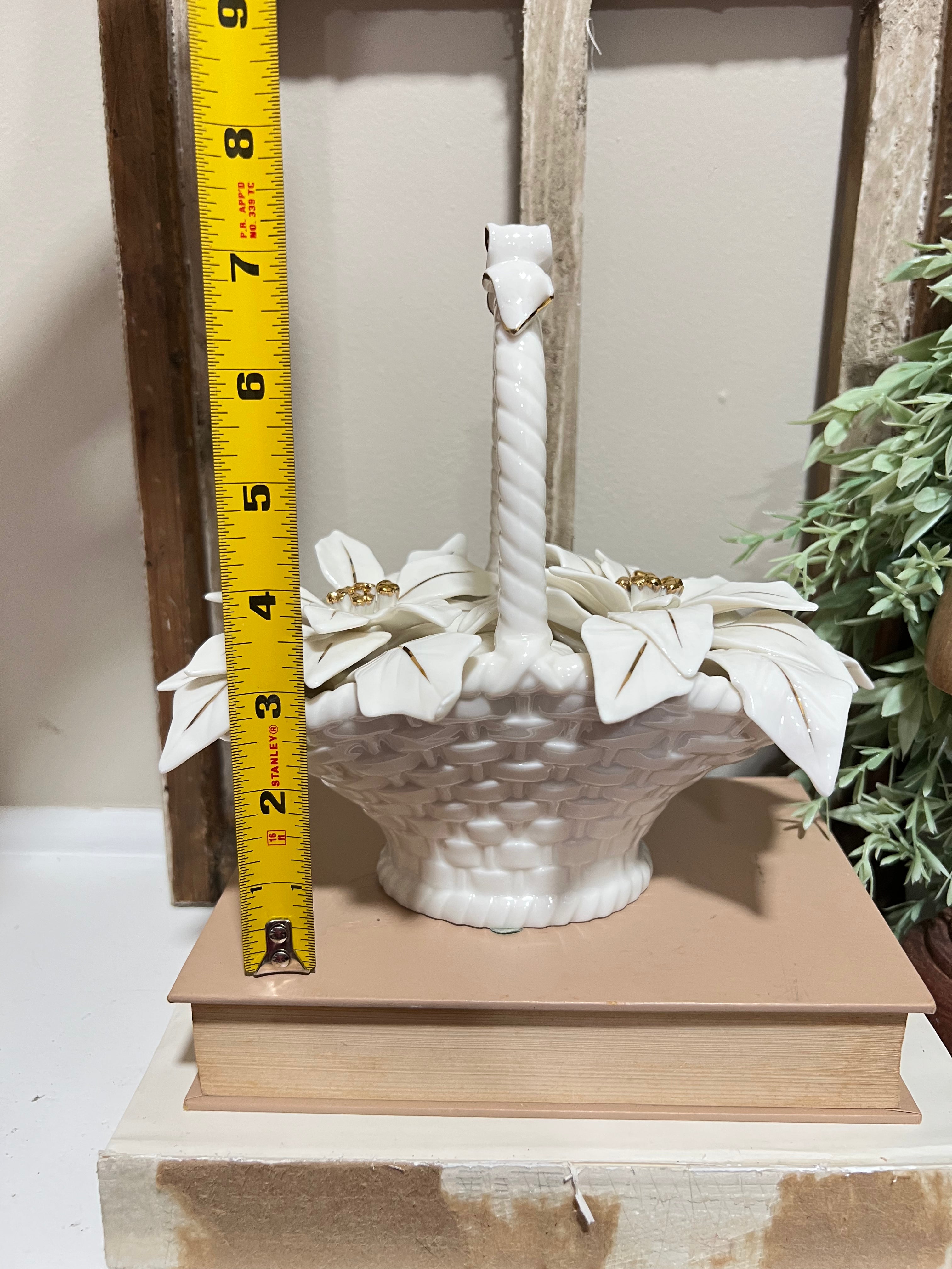 Vintage 50s Ceramic Poinsettia White Flower Basket Gold Paint Highlights