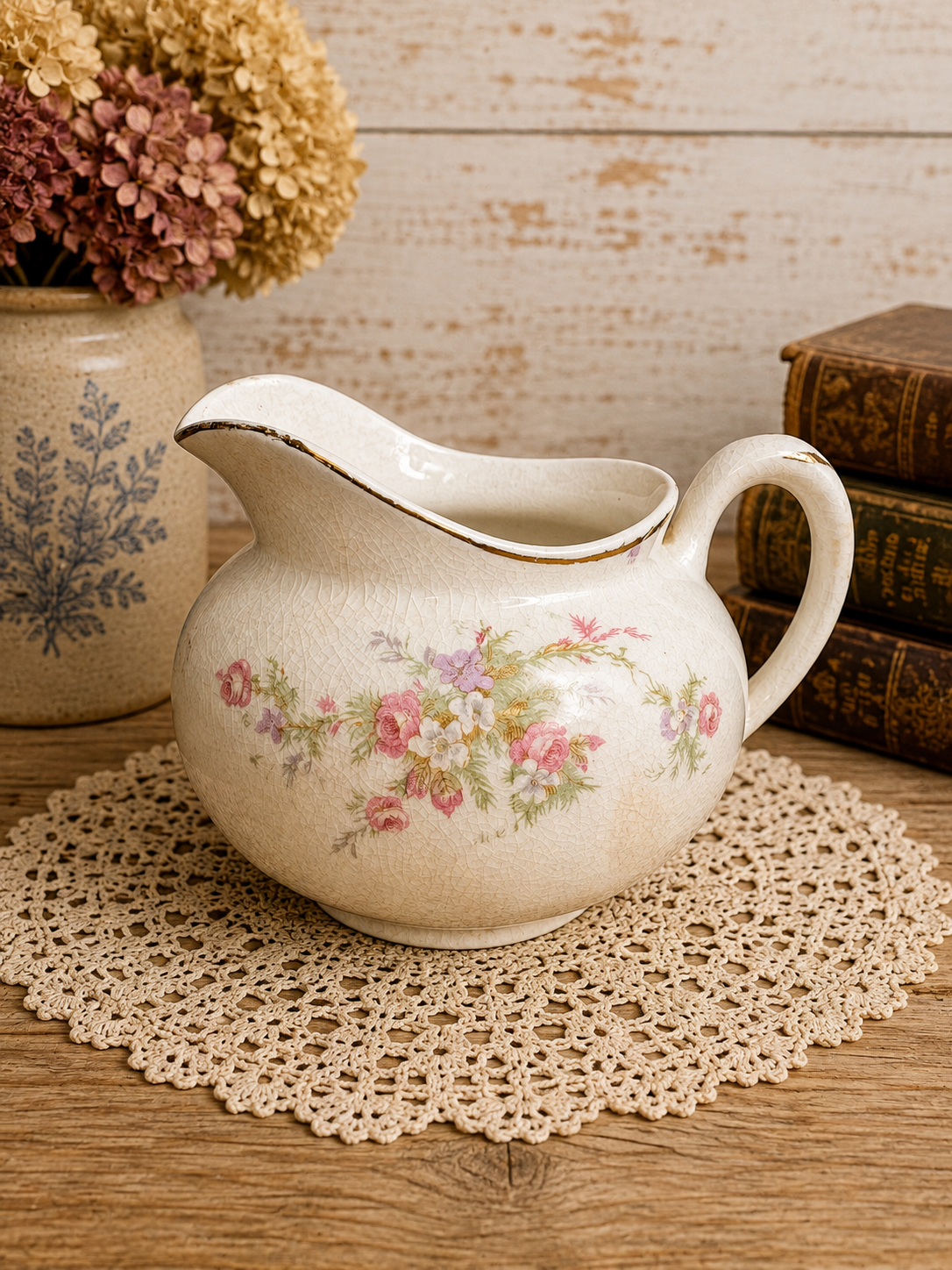 Stained & Crazed Antique Cleveland China USA Floral Creamer – Pink Roses & Gold Trim | Circa 1910-30