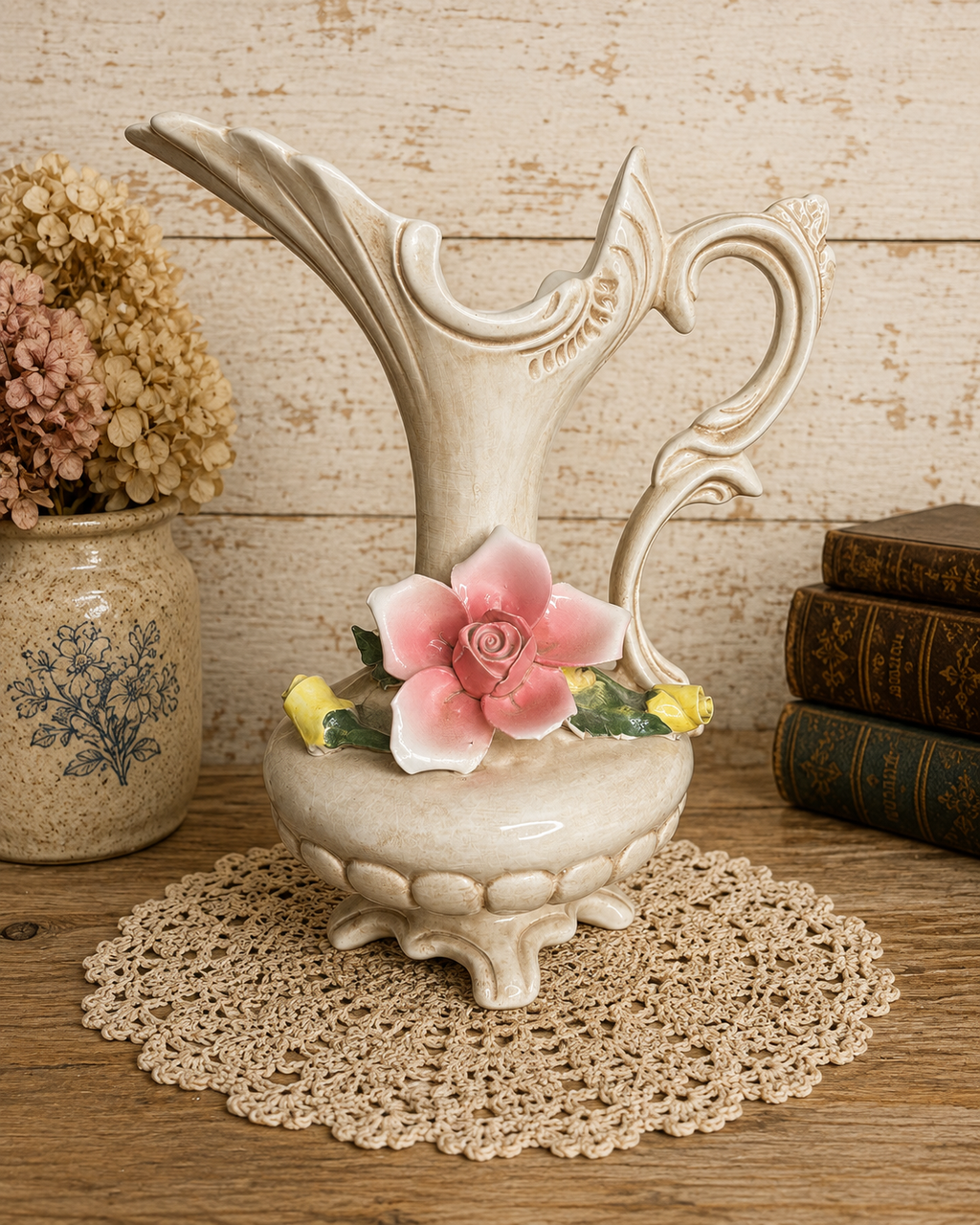 Vintage Italian Capodimonte Ornate Ceramic Pitcher Vase with Applied Roses - See pics
