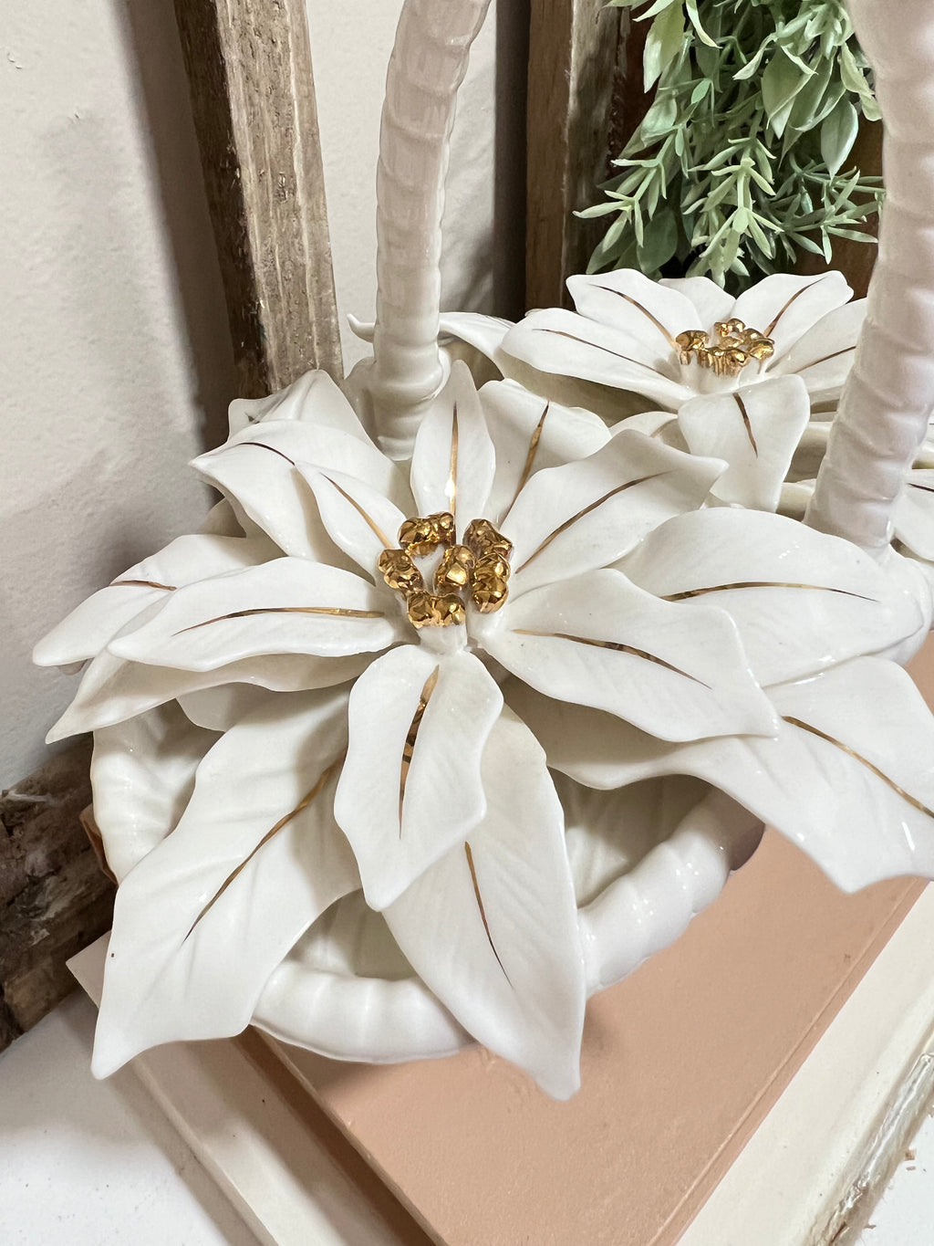 Vintage 50s Ceramic Poinsettia White Flower Basket Gold Paint Highlights