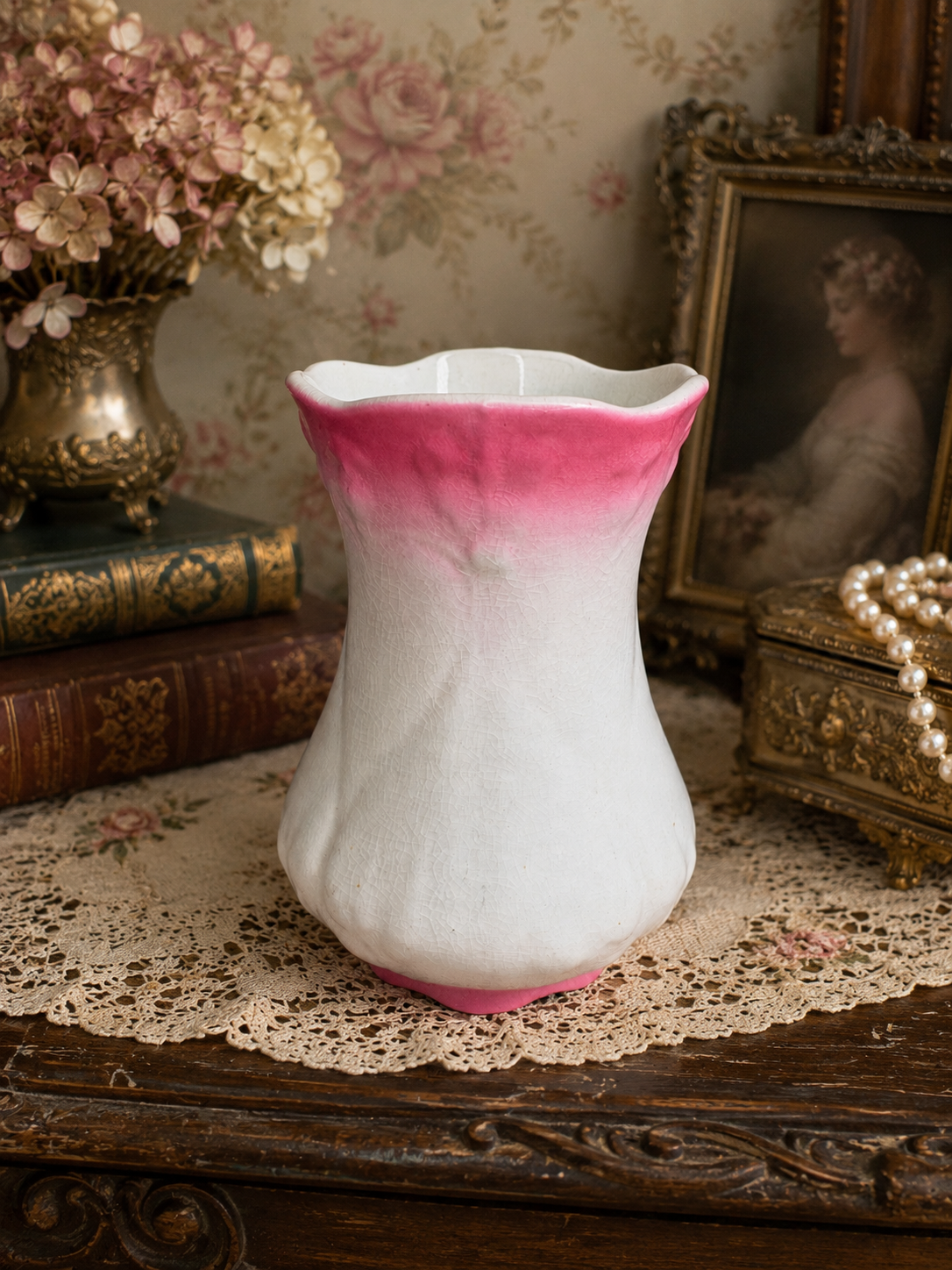 Antique Crazed Jefferson Pottery Pink & White Wash Tumbler Vase East Palestine Ohio | Circa 1890-1904