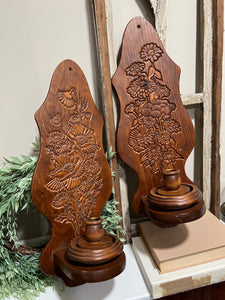 Wood carved wall sconce set