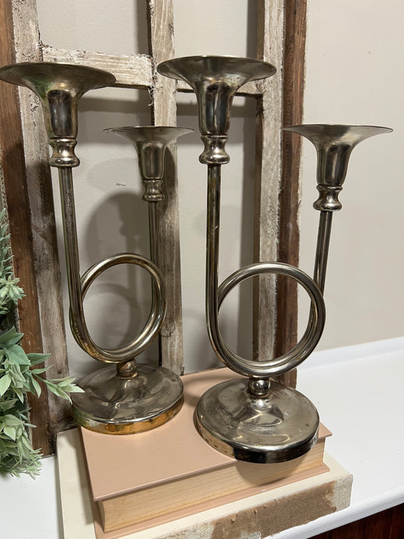 Vintage double brass horn candlestick holders